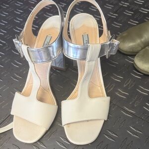 Prada Cream Leather T-Strap Heels with Metallic Silver Ankle Strap